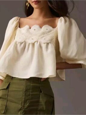 Anthropologie Cream Crochet Yoke Puff Sleeve Top